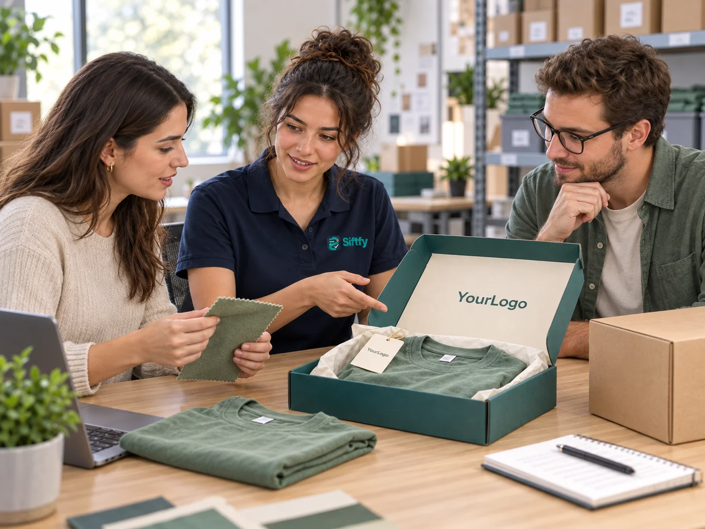 Supplier and fulfillment partners discussing product samples and packaging